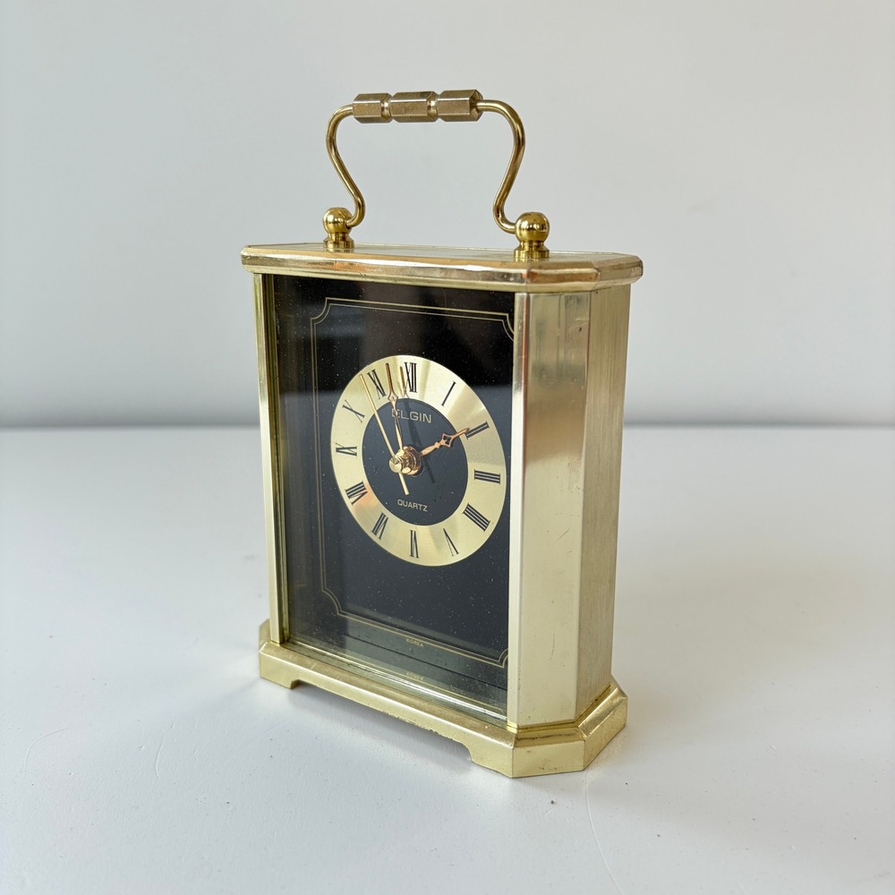 Vintage Elgin Quartz Carriage Clock Brass Gold Tone Black Dial Roman Numerals